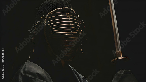 Partial view of kendo fighter holding bambo sword on black