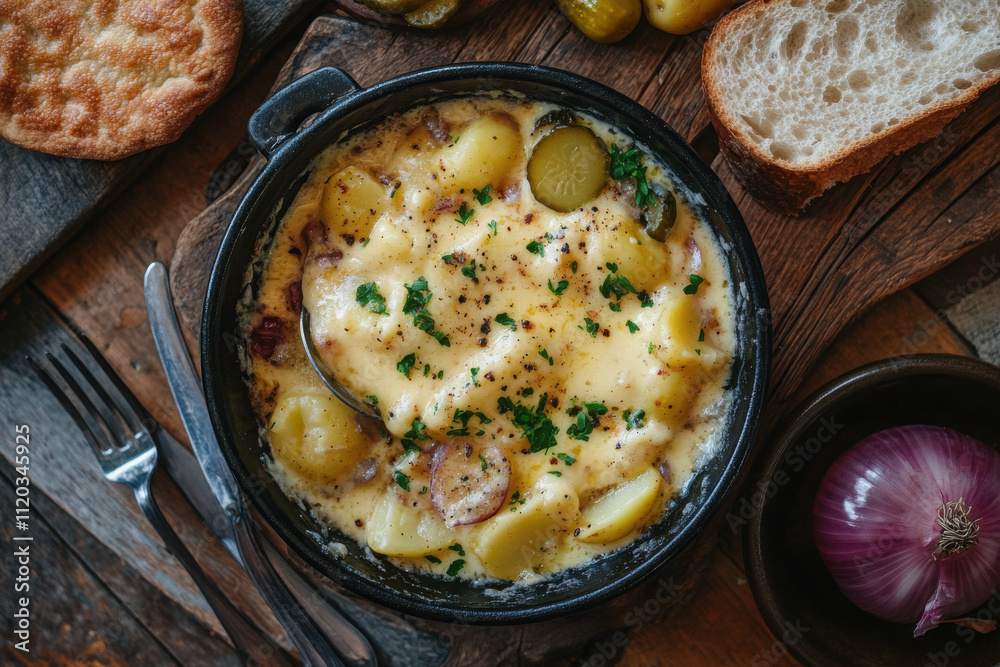 A rustic table setting with melted raclette cheese poured over boiled potatoes, with pickles and onions on the side A rustic table setting with melted raclette cheese poured over boiled potatoes, with pickles and onions on the side