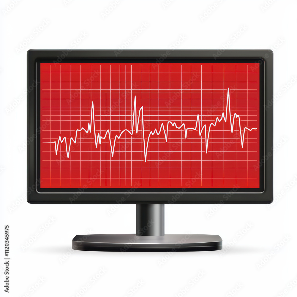 digital EKG monitor displaying red background with white heartbeat graph. This represents medical technology and health monitoring digital EKG monitor displaying red background with white heartbeat graph. This represents medical technology and health monitoring