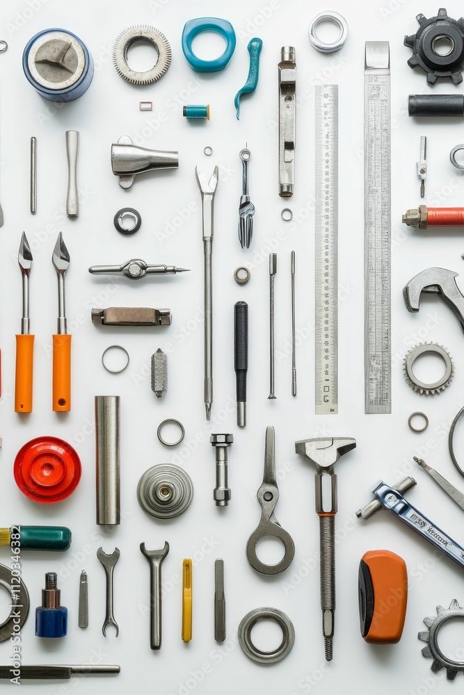Assorted tools and mechanical parts arranged neatly. Assorted tools and mechanical parts arranged neatly.
