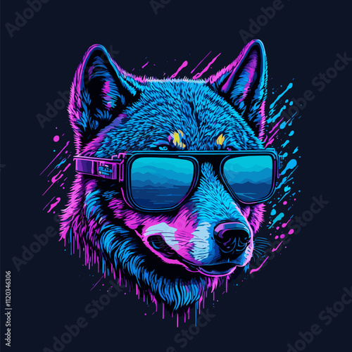 Neon Wolf with Sunglasses in Digital Art Vector Style