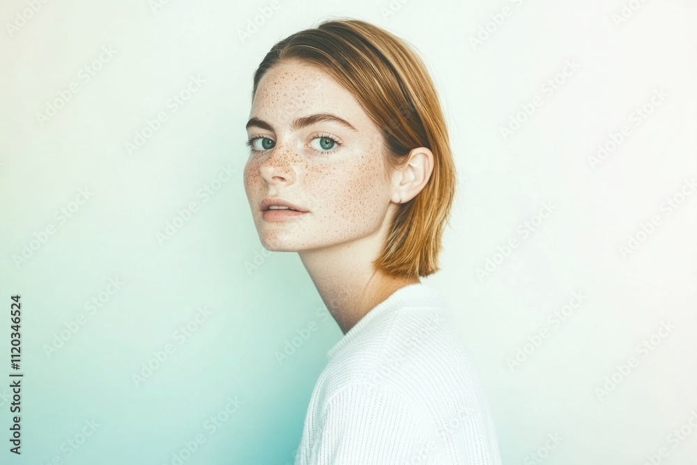Young caucasian female with short red hair and freckles against soft background Young caucasian female with short red hair and freckles against soft background
