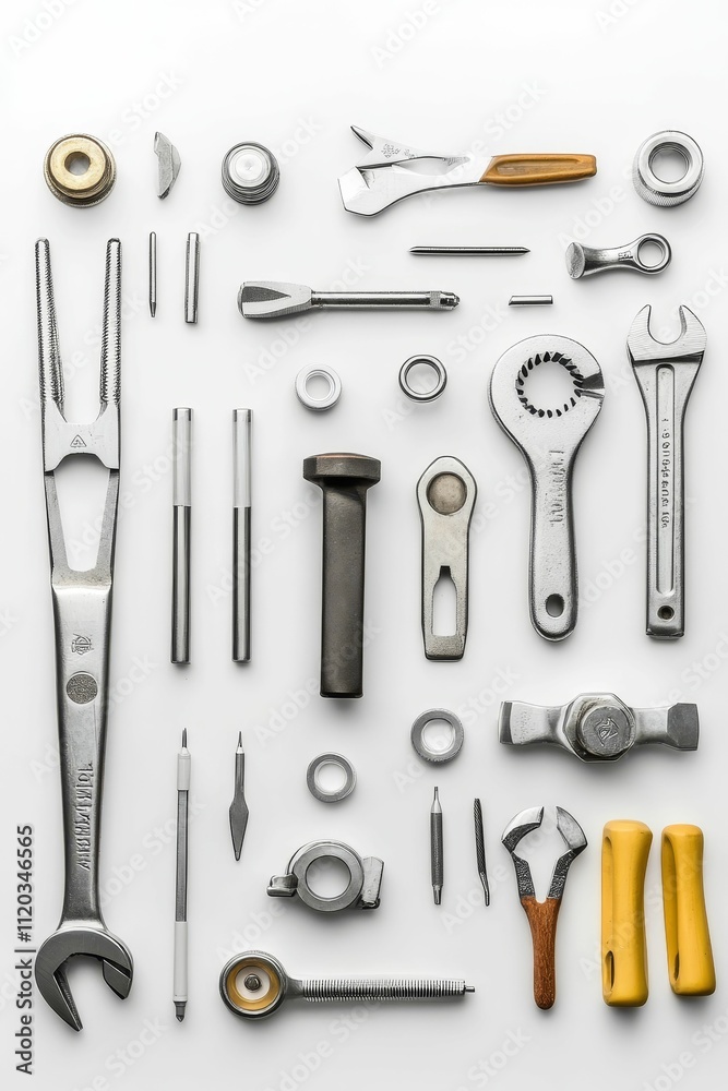 Assorted metal tools and fasteners arranged neatly. Assorted metal tools and fasteners arranged neatly.