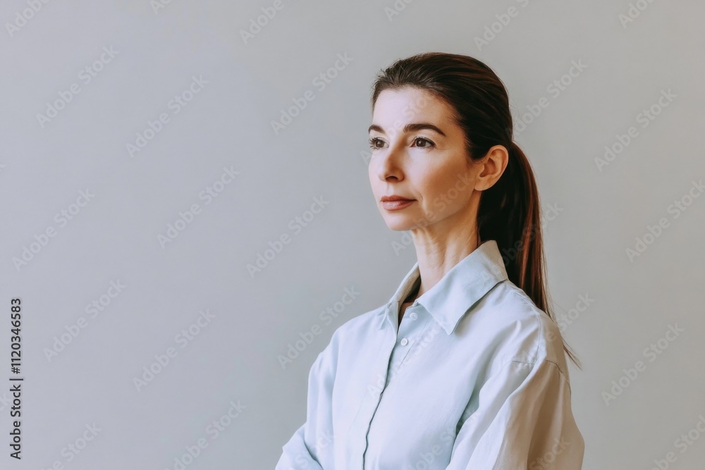 Confident young caucasian female in light blue shirt with ponytail Confident young caucasian female in light blue shirt with ponytail