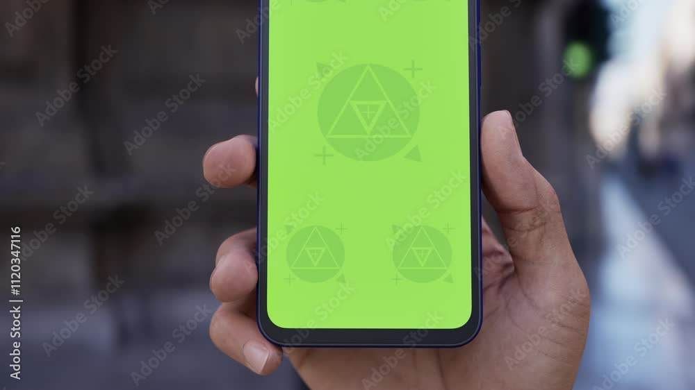 Asian middle aged male using smartphone with a blank green screen. Mobile app video mockup. Vertical phone orientation