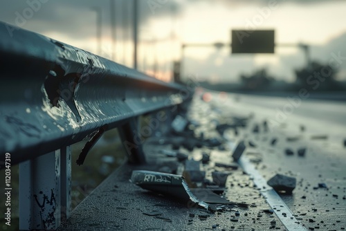 Damaged Guardrail on Highway: Aftermath of Collision Illustrating Road Safety Concerns photo