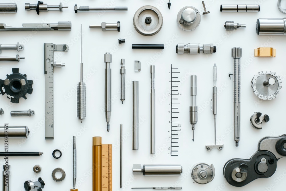 Precision metal tools and components arranged neatly. Precision metal tools and components arranged neatly.