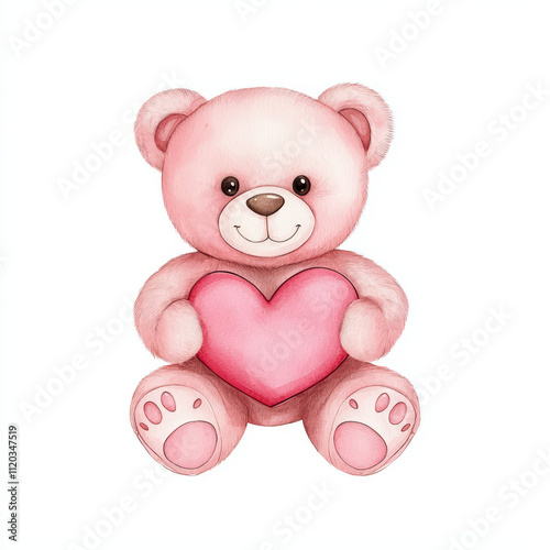 Cute pink teddy bear holding heart, perfect for children decor or Valentine Day. This adorable brings warmth and joy to any space