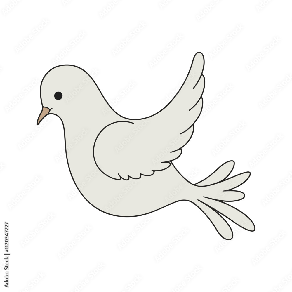 Flat vector illustration of a stylized white dove with flowing wings, small beak, and long tail, minimalistic design, plain white background Flat vector illustration of a stylized white dove with flowing wings, small beak, and long tail, minimalistic design, plain white background