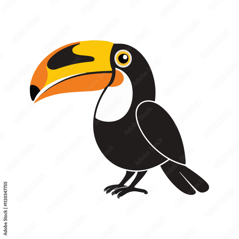 Naklejka premium Flat vector illustration of a stylized toucan with black body, orange-yellow beak, and sleek wings, minimalistic design, cartoonish style, plain white background