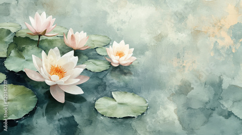 A serene design of floating lily pads and water lilies in soft greens and pale pinks, painted in a loose watercolor style