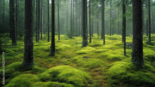 Illustration of a stunning Scandinavian forest scene with towering green trees covered in lush, vibrant green moss, misty background. photo