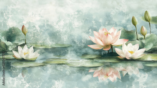 A serene design of floating lily pads and water lilies in soft greens and pale pinks, painted in a loose watercolor style