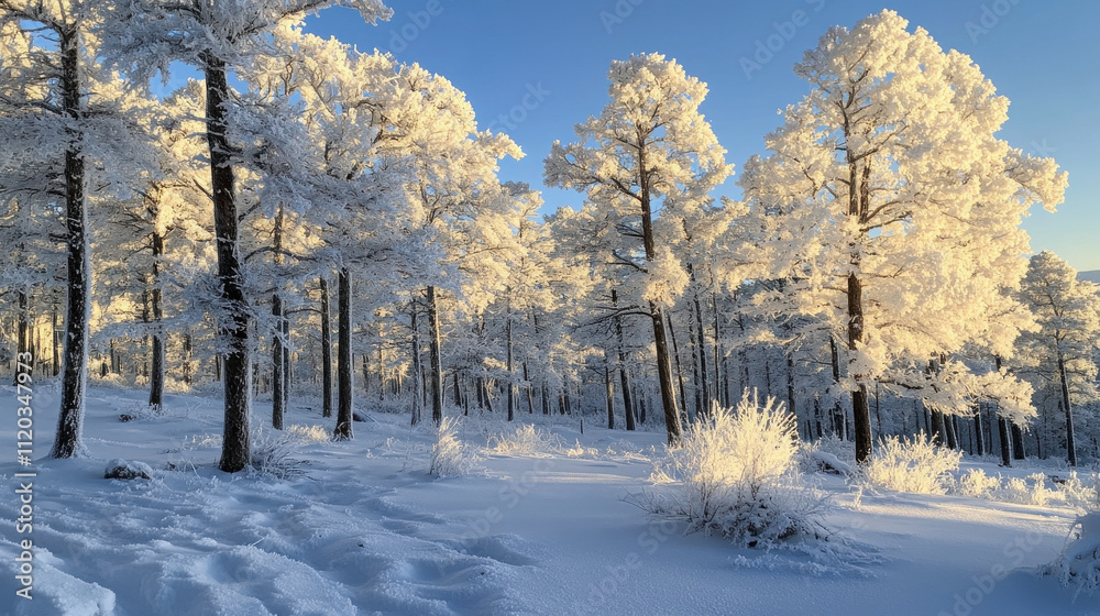 A serene snowy forest with frost-covered trees glowing softly in the morning light A serene snowy forest with frost-covered trees glowing softly in the morning light