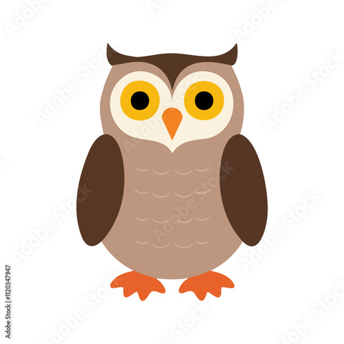 Flat vector illustration of a stylized owl with brown body, yellow eyes, and orange beak, minimalistic cartoon design, plain white background
