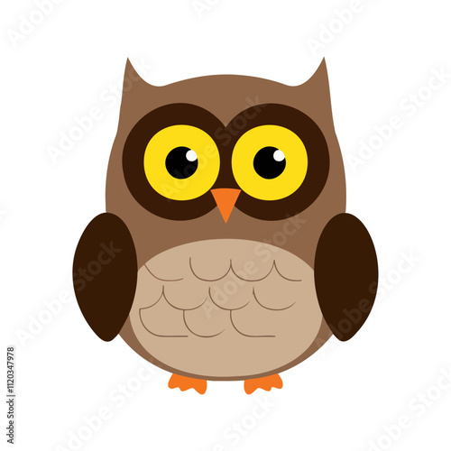 Flat vector illustration of a stylized owl with brown body, yellow eyes, and orange beak, minimalistic cartoon design, plain white background