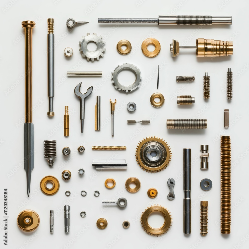 Assorted metallic gears, tools, and parts. Assorted metallic gears, tools, and parts.