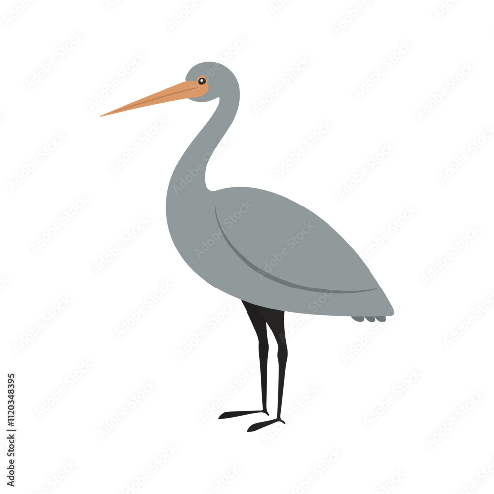 Flat vector illustration of a stylized crane with gray body, orange beak, and slender neck, minimalistic design, cartoonish style, plain white background Flat vector illustration of a stylized crane with gray body, orange beak, and slender neck, minimalistic design, cartoonish style, plain white background