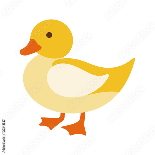 Flat vector illustration of a stylized duck with yellow body, orange beak, and small feet, minimalistic design, cartoonish style, plain white background