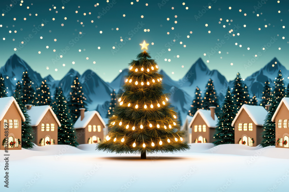 festive village scene featuring decorated s tree surrounded by snow covered houses and mountains. atmosphere is magical with twinkling lights and falling snowflakes