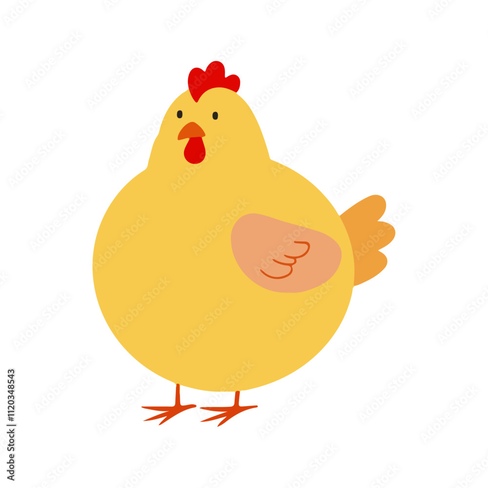 Flat vector illustration of a simple yellow chicken with red comb and orange beak, minimalistic design, modern style, plain white background Flat vector illustration of a simple yellow chicken with red comb and orange beak, minimalistic design, modern style, plain white background
