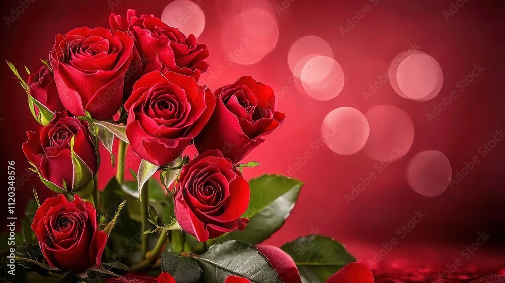 A vibrant bouquet of red roses against a soft red bokeh background, symbolizing love and romance. A vibrant bouquet of red roses against a soft red bokeh background, symbolizing love and romance.
