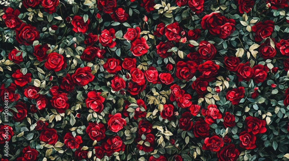 A vibrant wall of red roses with lush green leaves, creating a stunning floral backdrop. A vibrant wall of red roses with lush green leaves, creating a stunning floral backdrop.