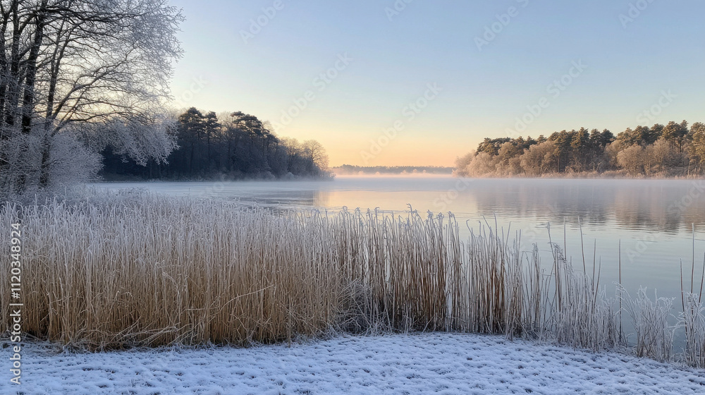 Fototapeta premium A serene winter lake view with frost-rimmed reeds in the foreground and mist over the water