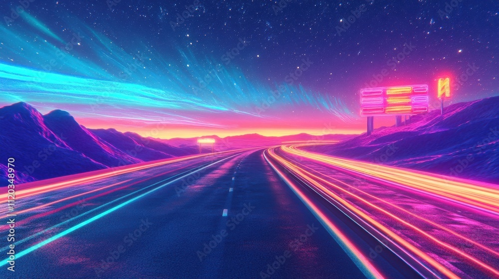 Futuristic highway at night with neon lights under starry sky Futuristic highway at night with neon lights under starry sky