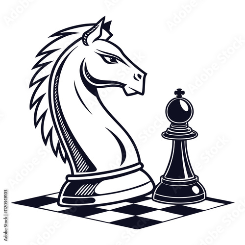 The chess knight, vector silhouette, white background,