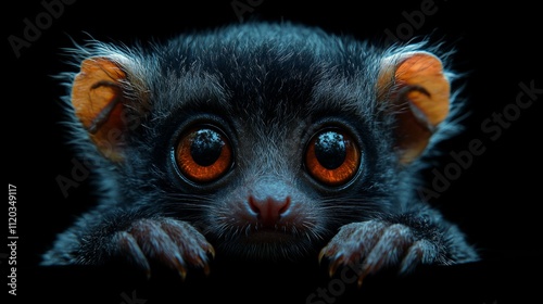 Close-up de Loris lento, una especie de mono asiático, con ojos saltones y rostro, cariñoso y tímido a la vez photo