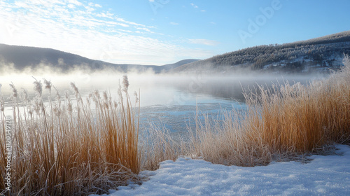 A serene winter lake view with frost-rimmed reeds in the foreground and mist over the water