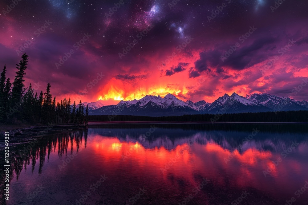 Fiery Sunset over Majestic Mountains and Serene Lake - Breathtaking sunset, snow-capped mountains, tranquil lake, starry night sky, nature's beauty. Fiery Sunset over Majestic Mountains and Serene Lake - Breathtaking sunset, snow-capped mountains, tranquil lake, starry night sky, nature's beauty.