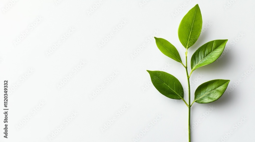 Green plant sprig, white background, minimalist nature. Green plant sprig, white background, minimalist nature.