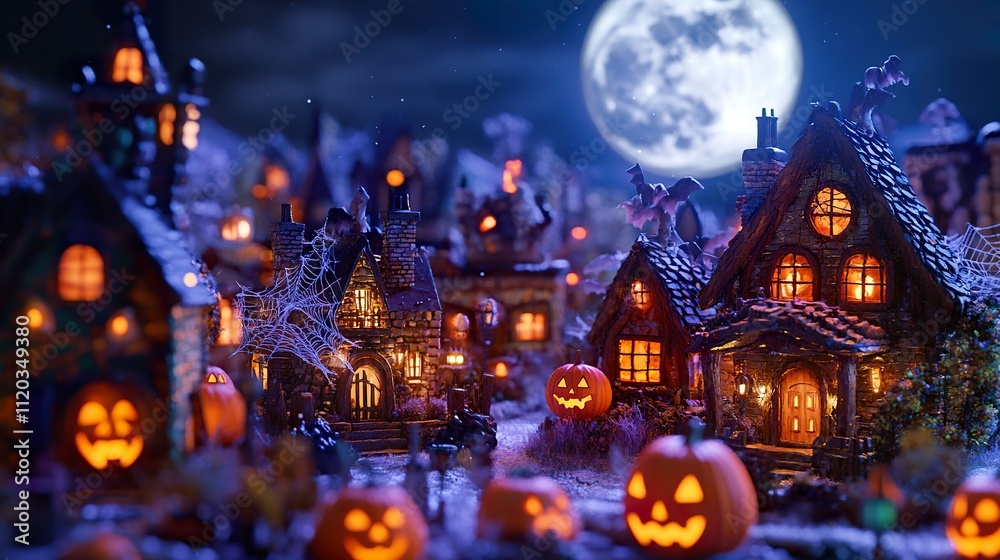 Enchanting Halloween village scene at night, illuminated houses, pumpkins, cobwebs, full moon. Enchanting Halloween village scene at night, illuminated houses, pumpkins, cobwebs, full moon.