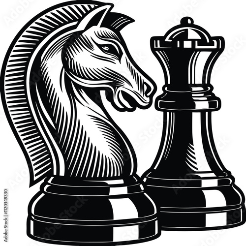 The chess knight, vector silhouette, white background,