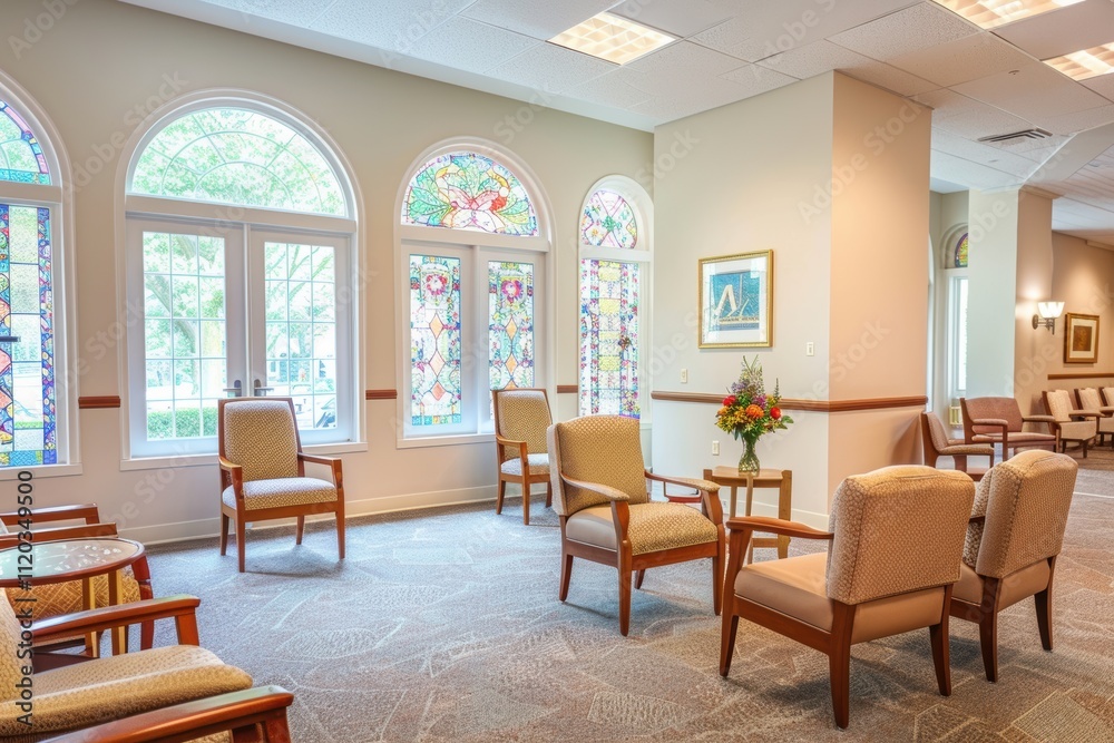 Tranquil Chapel Interior with Stained Glass Windows and Serene Seating for Reflection