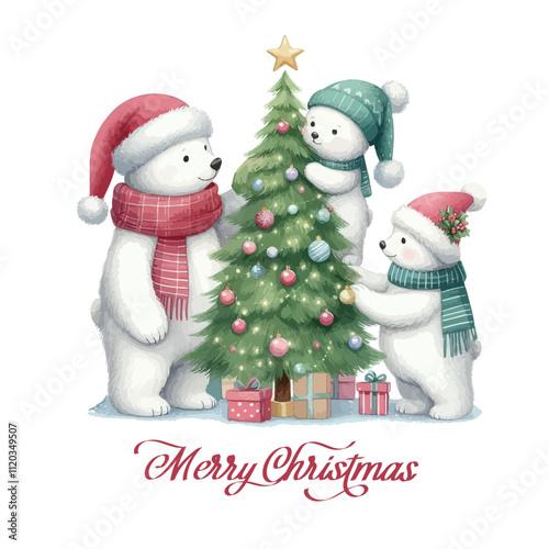 Cute watercolor illustration of a family of northern polar bears with Christmas tree.