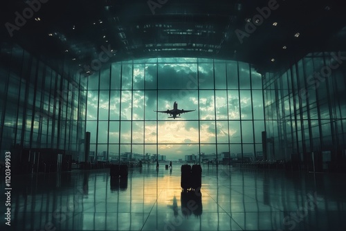 Airplane landing at airport terminal urban environment high-resolution photography reflective floors dramatic lighting travel concept photo