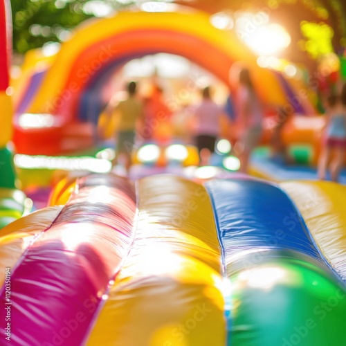 Vibrant childrens carnivalthemed party with inflatable bounce house