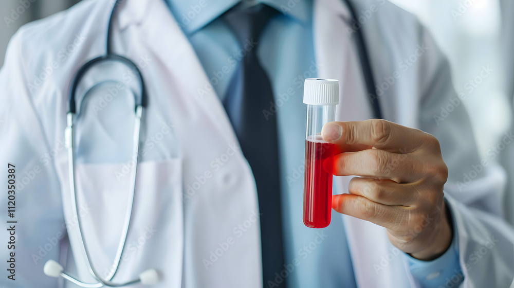 Cropped view of doctor with stethoscope holding test tube with blood Cropped view of doctor with stethoscope holding test tube with blood