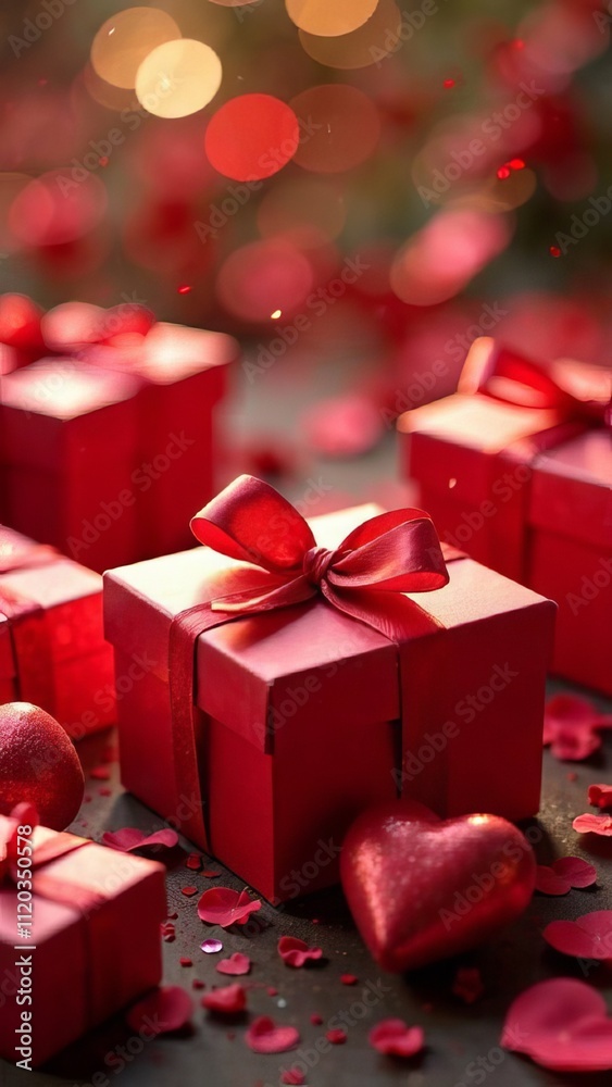 Fototapeta premium A collage of gift boxes, hearts, ribbons, and petals, creating a festive and romantic atmosphere, gift, surprise for your beloved, card, poster, wallpaper,valentine's day, love