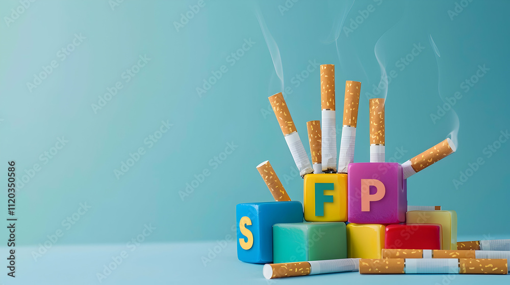 Obraz premium Studio shot of cigarettes and colorful cubes with letters isolated on blue, stop smoking concept