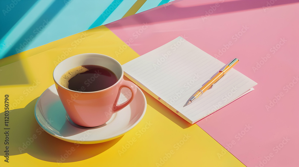 coffee cup, saucer, pen, paper sheet and notebook on yellow desk and pink background coffee cup, saucer, pen, paper sheet and notebook on yellow desk and pink background