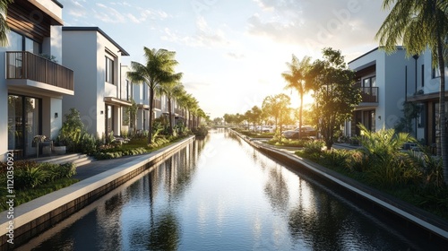 Luxury Waterfront Homes at Sunset - Modern homes,canal views,sunset glow,peaceful ambiance,luxury lifestyle