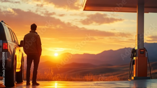 traveler refuels car at remote gas station during vibrant sunset, surrounded by scenic mountains and open fields, evoking sense of solitude and adventure