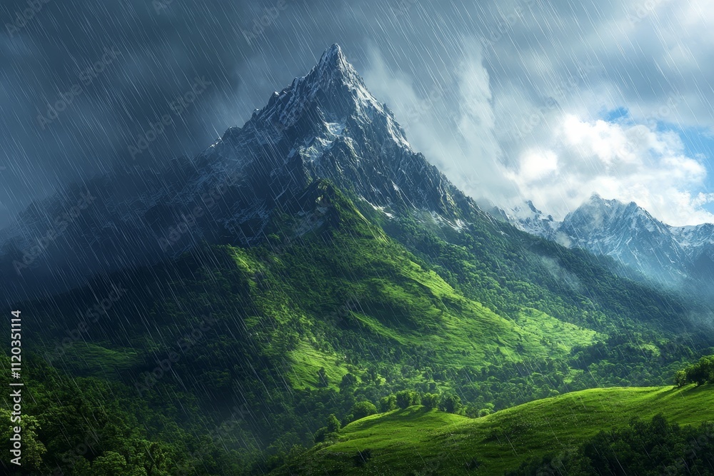 Majestic Mountain Rain: A Breathtaking Landscape - Serene mountain, lush greenery, dramatic rain, snow-capped peaks, tranquil nature.