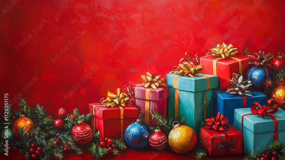 Elegant vertical Christmas scene featuring beautifully wrapped gifts and colorful ornaments on a vibrant red background creating a festive holiday atmosphere