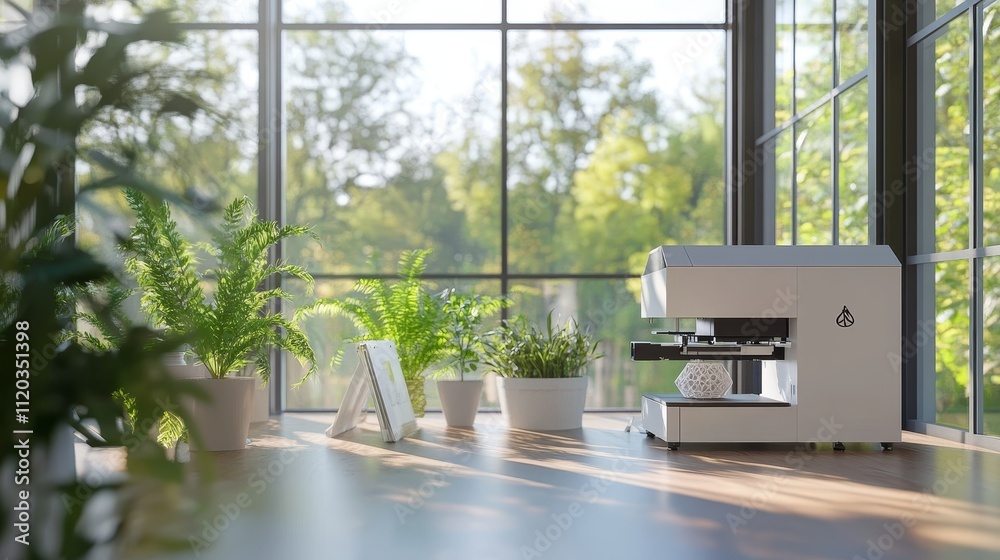 Modern 3D Printer in Sunlit Room with Plants - Innovative technology, natural light, home office, plant life, design. Peaceful workspace. Modern 3D Printer in Sunlit Room with Plants - Innovative technology, natural light, home office, plant life, design. Peaceful workspace.