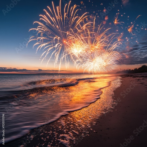 Energetic fireworks display over beach at twilight with warm colors